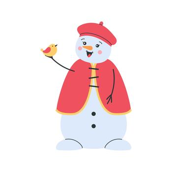 Snowman sharing a warm winter moment with a tiny bird. Charming pastel character in a red beret and cozy cape with soft clean shapes, gentle expression and heartwarming seasonal mood. vector