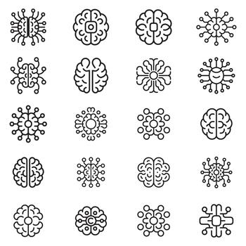 Neural cyber defense icon set featuring security technology and network protection graphics isolated on white background vector