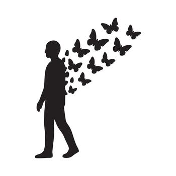 Silhouette of a person walking forward with a swarm of butterflies emerging from their back symbolizing transformation and freedom vector