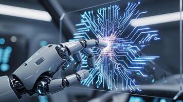 moderno robótico mano interactuando con futurista interfaz, reticente a ai innovación y tecnológico avance en pulcro, dinámica movimiento video