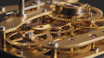 invecklad urverk kugghjul vändning exakt, en tidlös mekanism visa upp teknik och detalj, perfekt för teknologi eller innovation projekt video