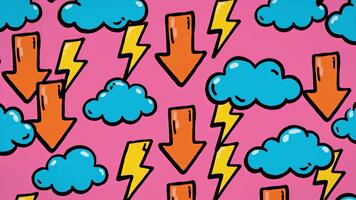 dynamisk animerad väder mönster med blixt- bultar, regn moln, och nedåt pilar skapande en vibrerande, lekfull, och modern looping bakgrund video
