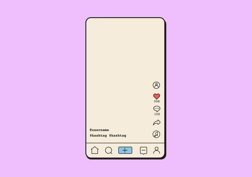 Vertical app interface in retro vaporwave style. Mobile screen layout with avatar, likes, comments, share icons, and player elements. Flat Style Illustration. vector