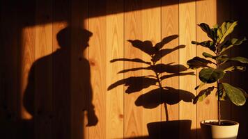 solljus strömmar genom en fönster, gjutning skuggor av en vibrerande fiolblad fikon till en värma träpanel vägg, skapande en dynamisk interiör scen video