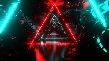 turkos och röd neon triangel tunnel med träd grenar bakgrund vj slinga i 4k video