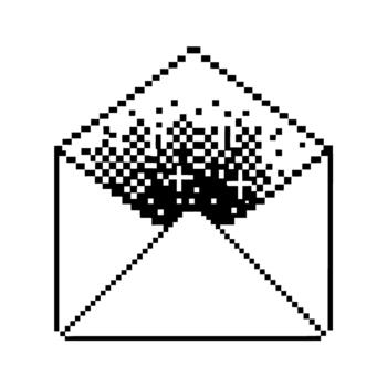 Magical pixel envelope icon with sparkling digital particles retro 8 bit mail symbol for messages, notifications and online communication vector