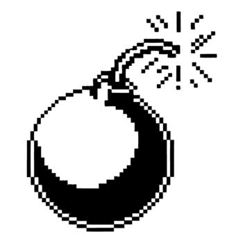 Pixel bomb icon with lit fuse and sparks, retro 8 bit explosion symbol, simple black and white digital game element vector