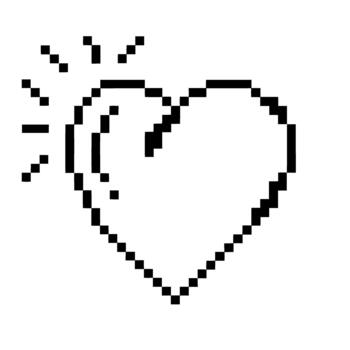Radiant pixel heart icon minimalist retro 8 bit love symbol with shining lines, simple black outline on transparent background vector