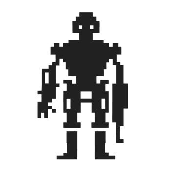 retro pixel robot silhouette minimalist black and white 8 bit cyborg character icon with mechanical arm and boots vector