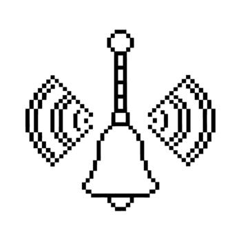 Ringing bell notification icon in pixel art with sound waves on transparent background for alerts and reminders vector