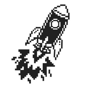 Rocket blasting off in retro pixel art style, minimalist black and white spaceship launch with dynamic flames and nostalgic arcade design vector