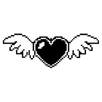 negro píxel corazón con alas icono retro 8 poco volador corazón símbolo, minimalista digital amor y fantasía gráfico elemento vector