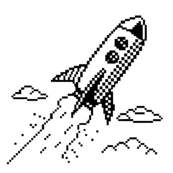 Rocket launch in pixel art with retro spaceship blasting off through sky, clouds and exhaust trail in black and white minimal design vector