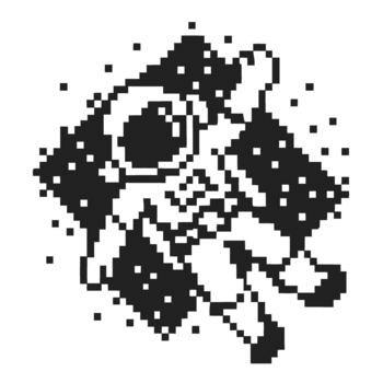 Pixel art astronaut floating in outer space, retro monochrome arcade style, minimalist cosmic exploration illustration vector