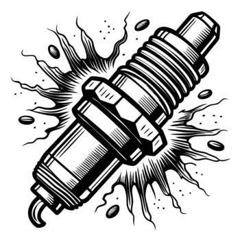 explotando Chispa - chispear enchufe ilustración con energía Estallar retro mecánico motor parte dibujo, automotor encendido concepto en negro y blanco vector