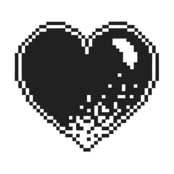 Pixelated black heart with glitch effect and dissolving pixels, retro 8 bit graphic symbolizing digital love and emotional decay vector