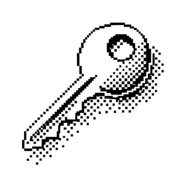 pixel art metal key icon retro 8 bit security symbol, monochrome dotted illustration of access and password concept vector