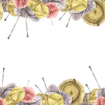 Watercolor Balls of yarn threads in different color seamless border frame Skeins of string with knitting needles. Hobby, handicrafts card, label design Hand drawn illustration isolated from background png