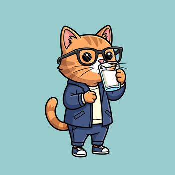 A dapper and stylish ginger tabby cat character, dressed in a sharp suit and trendy eyeglasses, sips a refreshing glass of milk, showcasing a cool and intellectual charm vector