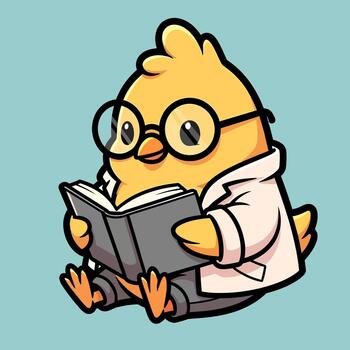 Adorable cartoon chick in a lab coat and glasses, deeply engrossed in reading a book, symbolizing a cute and intelligent student or scientist character with a passion for knowledge and discovery vector