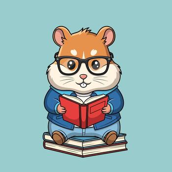 A cute cartoon hamster, wearing glasses, sits on a stack of books, engrossed in reading, a charming illustration representing studious learning and a passion for knowledge vector