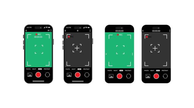 Four cell phones with different screens showing different views vector
