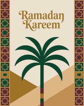 Ramadán kareem con palma árbol y florido frontera diseño obra de arte vector
