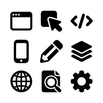 sencillo negro glifo esencial interfaz desarrollo y diseño icono conjunto vector