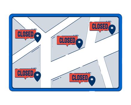 Digital map with multiple closed business locations 2D doodle object. Retail closure. Economic shutdowns cartoon element flat clipart isolated on white background. Hand drawn illustration vector