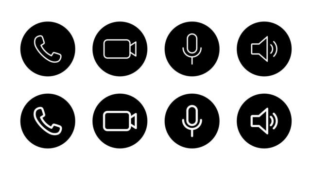 teléfono llamar, , micrófono, y altavoz contorno icono en negro círculo. auricular, cámara, micrófono, y volumen símbolo vector