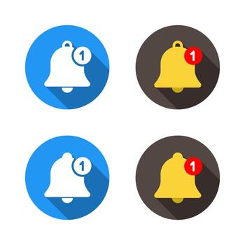 Notification bell icon with alert badge. Reminder, update notice symbol with long shadow vector