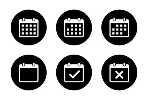 Calendar, event check, and cancel marker icon in black circle. Schedule, checkmark and cross mark agenda symbol vector
