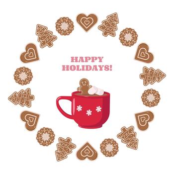 fiesta ilustración con rojo jarra de cacao, Malvaviscos, y pan de jengibre Galleta. rodeado por festivo galletas en corazón, copo de nieve, y árbol formas contento Días festivos texto en rosado encima vector