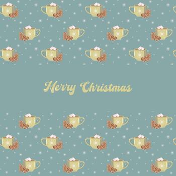 Christmas design with Merry Christmas text in yellow script on teal background. Surrounded by festive pattern of cocoa mugs, gingerbread cookies, snowflakes, and dots. Cozy seasonal layout vector