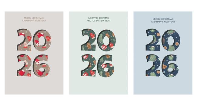 Set of three 2026 Christmas greeting cards with Merry Christmas and Happy New Year text. Each card features festive patterns inside bold numbers on beige, green, and blue backgrounds vector