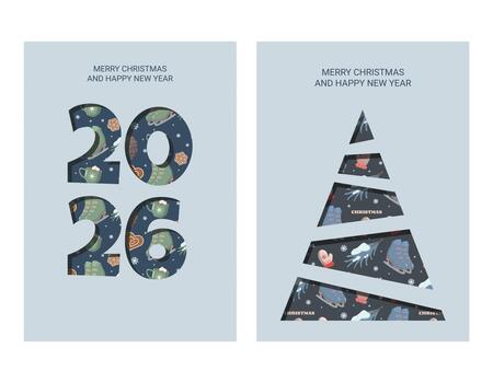 Set of two Christmas greeting cards with Merry Christmas and Happy New Year text. One features festive 2026 numbers, the other a stylized tree made of triangle segments filled with holiday icons vector