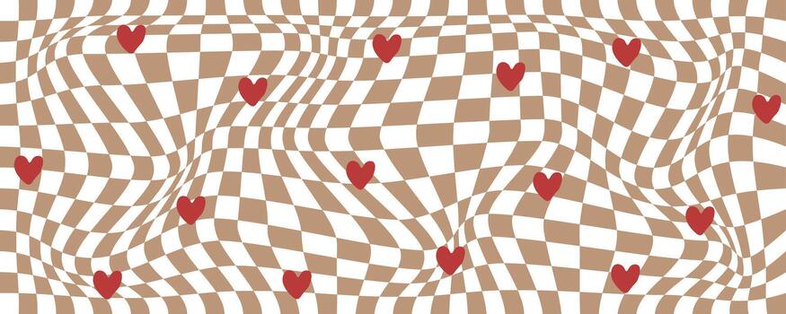 resumen ondulado a cuadros modelo con rojo corazones en marrón antecedentes. moderno romántico sin costura diseño para textil huellas dactilares, fondos de pantalla, y digital proyectos vector