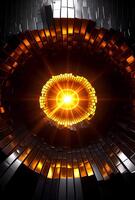 strålnings kärna emitterande ljus i en trogen metallisk tunnel symboliserar innovation energi och teknologisk befordran i en mörk miljö video