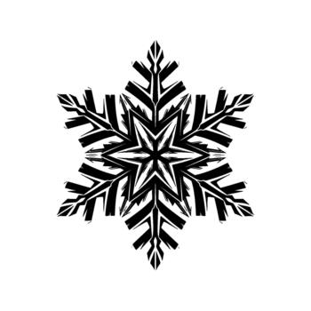 A bold illustration of a stylized six pointed snowflake with sharp angular fractal patterns and symmetrical geometric isolated vector