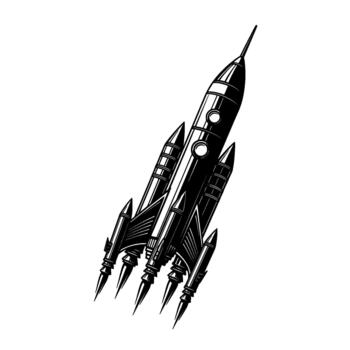 A bold striking retro style illustration of a multistage rocket ship with intricate detailing and sharp fins ascending into the vast unknown vector