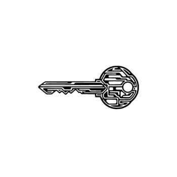 Striking line art illustration of a digital key designed with circuit board patterns representing technology and security concepts vector