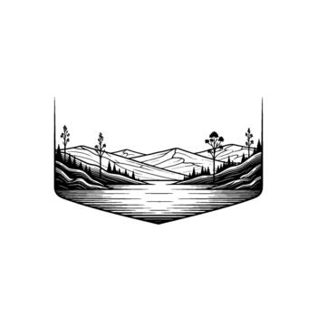 Striking line art illustration of a serene lake surrounded by rolling hills and sparse trees evoking a sense of natural tranquility and adventure within a shield emblem vector
