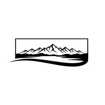 A striking minimalist illustration depicts a panoramic mountain range with jagged peaks reflected in calm water below contained within a rectangular frame with rounded corners vector