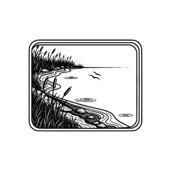 Artistic line drawing of a serene lakeside with tall cattails and smooth river stones featuring two birds in flight over the calm water within a decorative rounded rectangular frame vector
