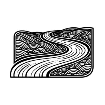 Stylized line art illustration depicting a winding river flowing through abstract stylized rolling hills and textured landscapes within a rounded rectangular frame vector