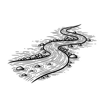 Stylized ink drawing of a winding river flowing over pebbles with concentric ripples indicating movement in the water vector