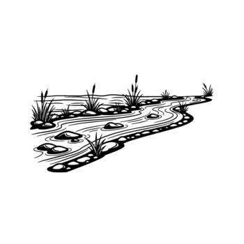 Stylized illustration depicting a flowing river or stream with smooth pebbles and tall cattail reeds vector