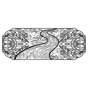 A decorative illustration featuring a flowing river with wavy lines and stylized clouds flowing through a symmetrical frame adorned with intricate leaf and vine patterns vector