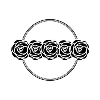 A clean featuring a horizontal line of five stylized rose silhouettes enclosed within a double concentric circle frame vector