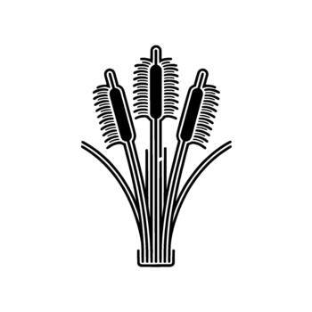 Minimalist illustration of three cattail reeds with segmented stalks and textured tops emerging from a stylized base vector